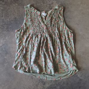 Lucky Brand Olive Smocked Sleeveless Top L